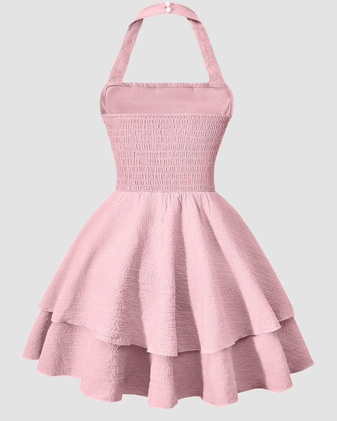 Halter Neck Ruched Waist Tiered Mini Dress in Baby Pink - Image 2
