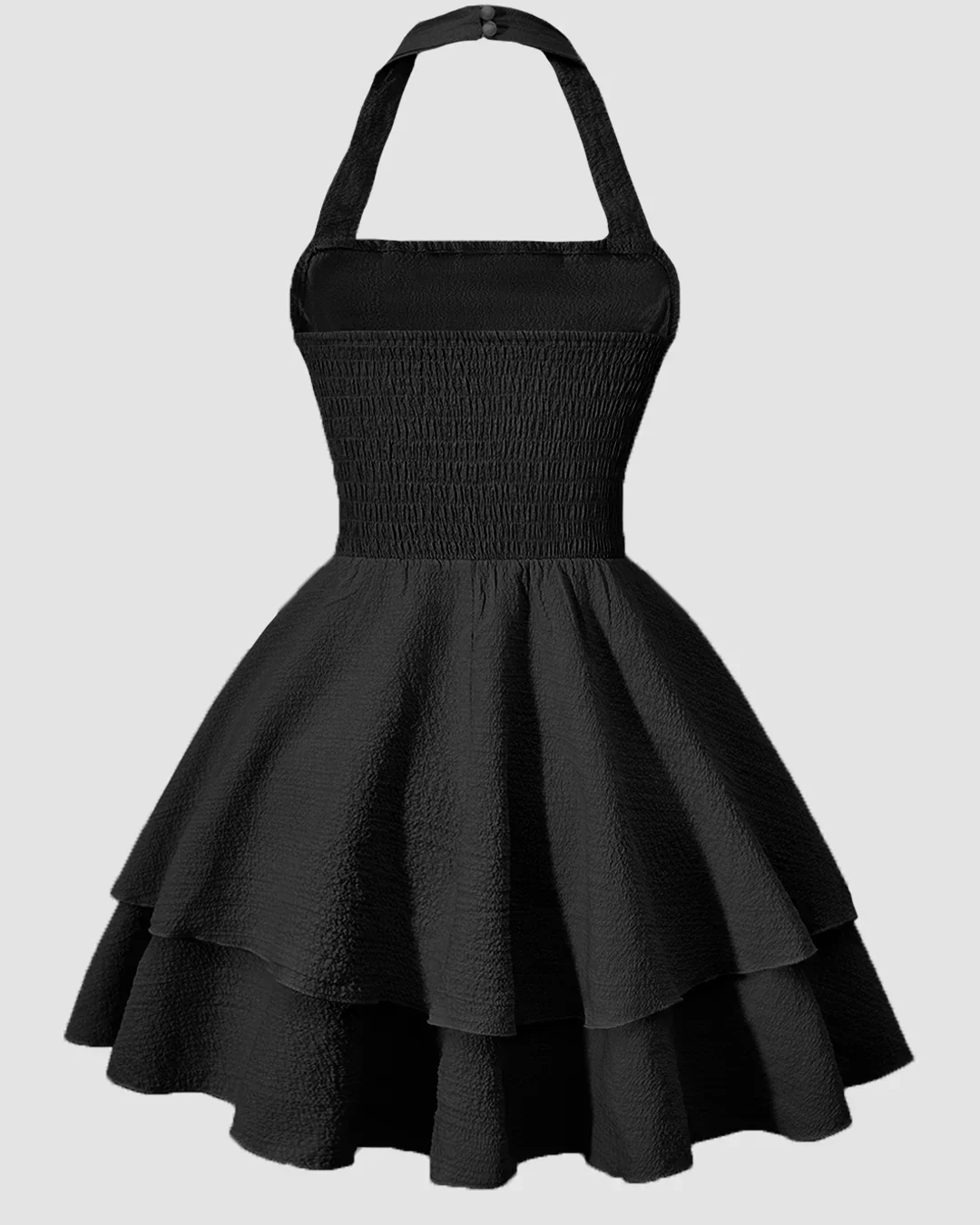 Halter Neck Ruched Waist Tiered Mini Dress in Black - Image 2