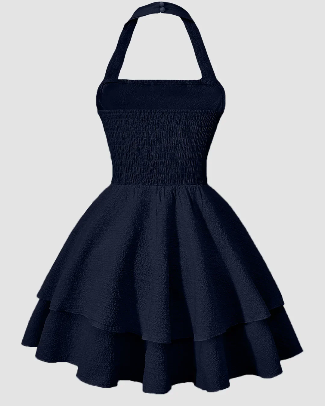 Halter Neck Ruched Waist Tiered Mini Dress in Navy Blue - Image 2