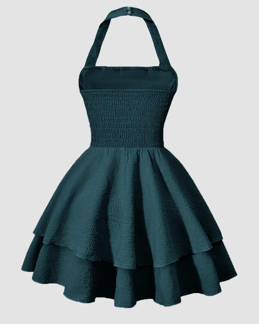 Halter Neck Ruched Waist Tiered Mini Dress in Teal Blue - Image 2