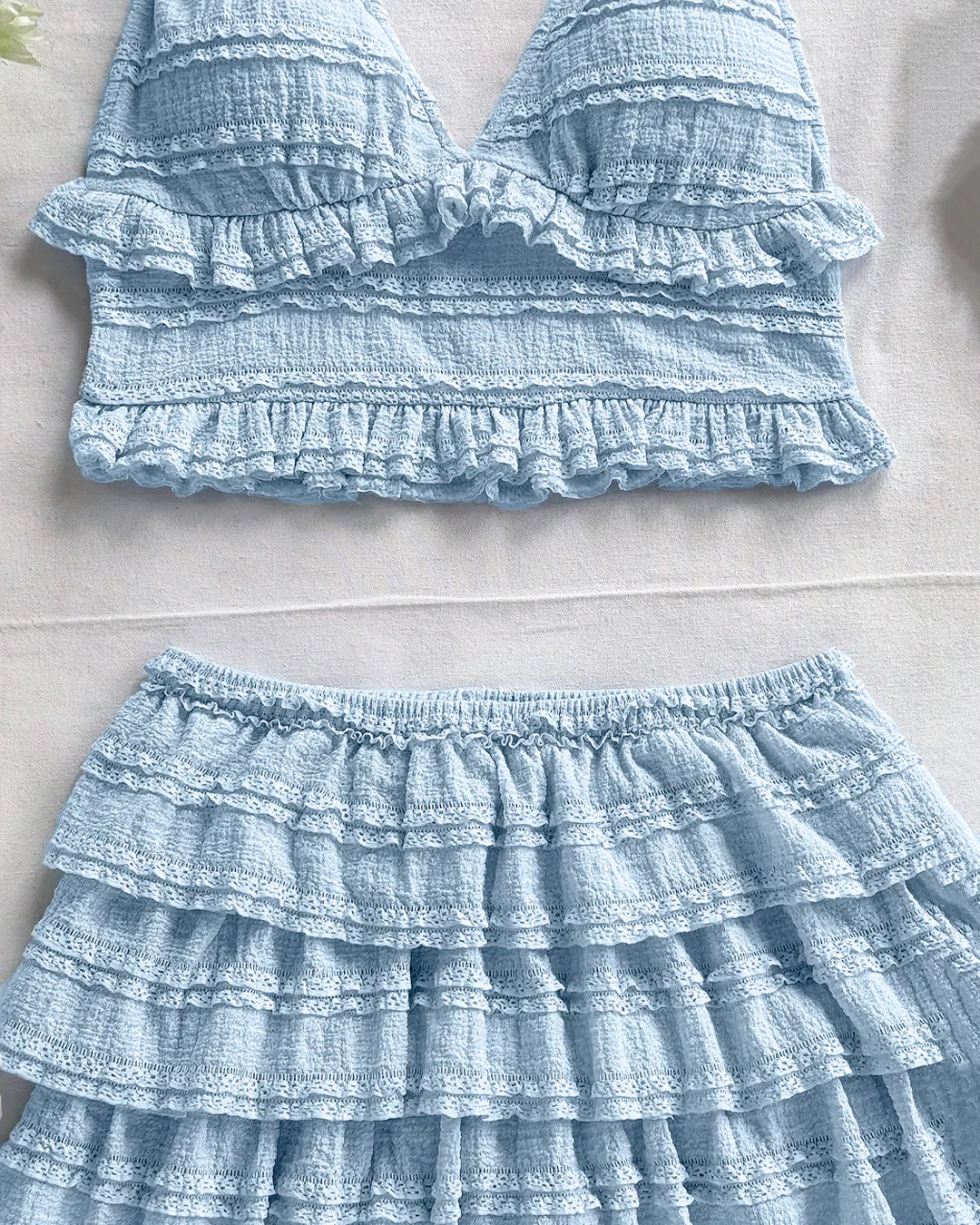 Halter Neck Ruffle Crop Top & Tiered Mini Skirt Co-Ord Set in Dusty Blue - Image 2