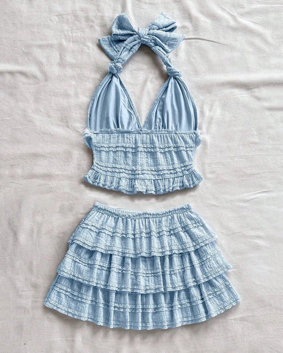Halter Neck Ruffle Crop Top & Tiered Mini Skirt Co-Ord Set in Dusty Blue - Image 3