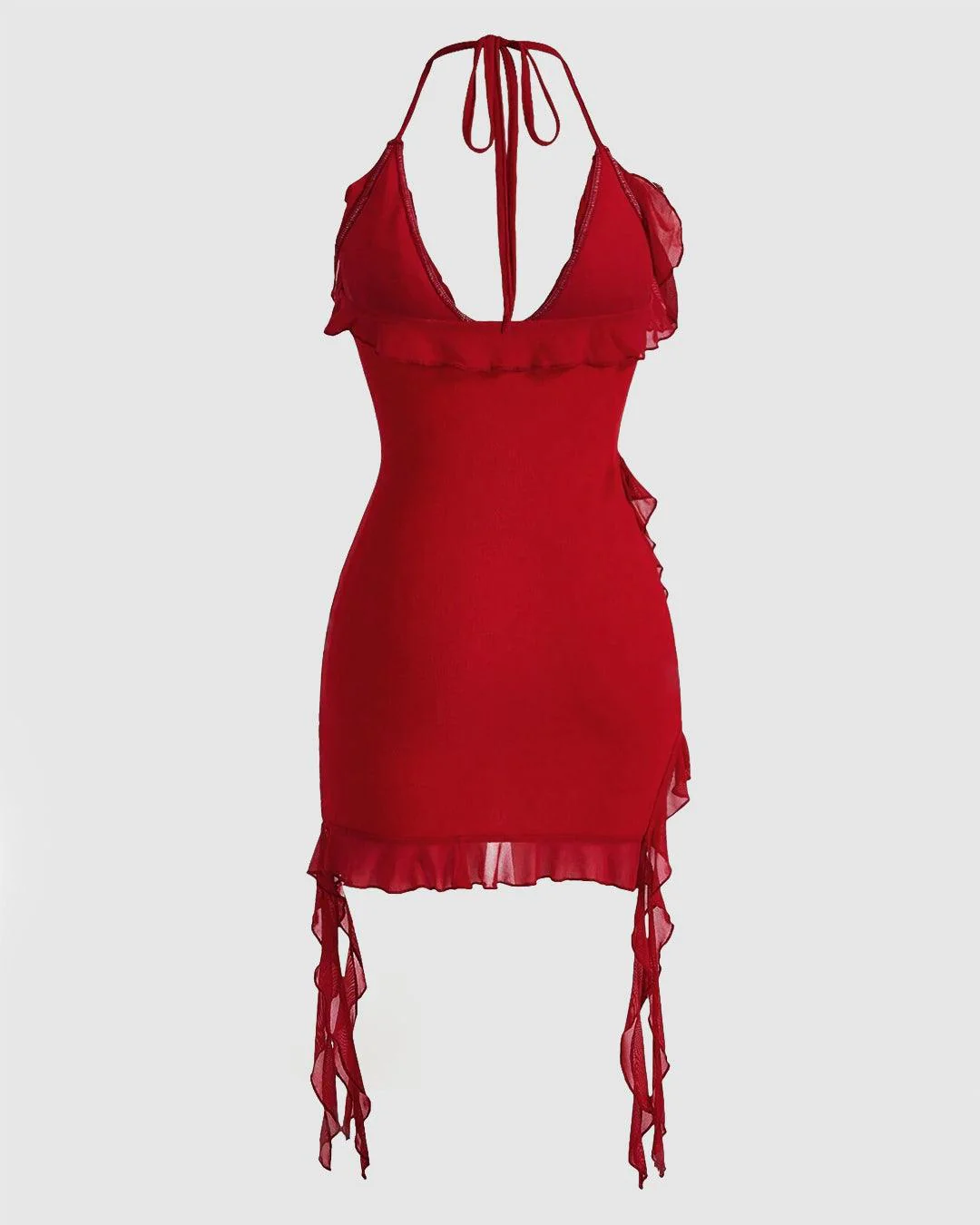 Halter Neck Ruffle Red Mini Dress - Image 3