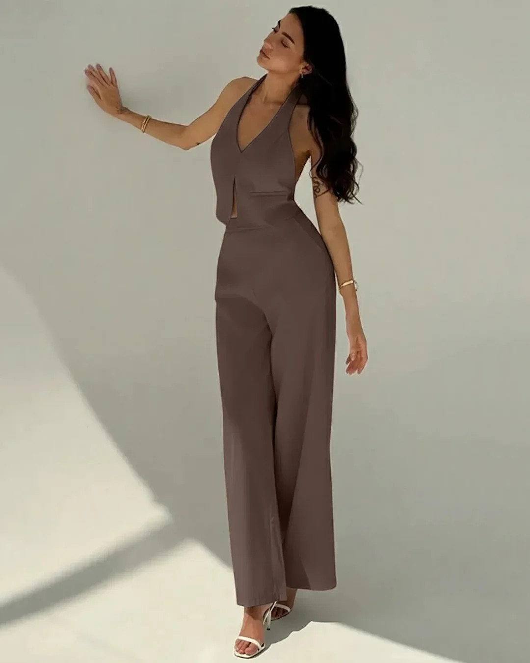 Halter Neck Sleeveless Top with Wide Leg Pants In Brown - Image 2