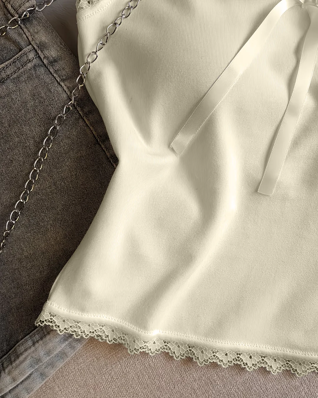 Halter Neck  Slim Fit Cropped Lace Detail Top in Beige - Image 3