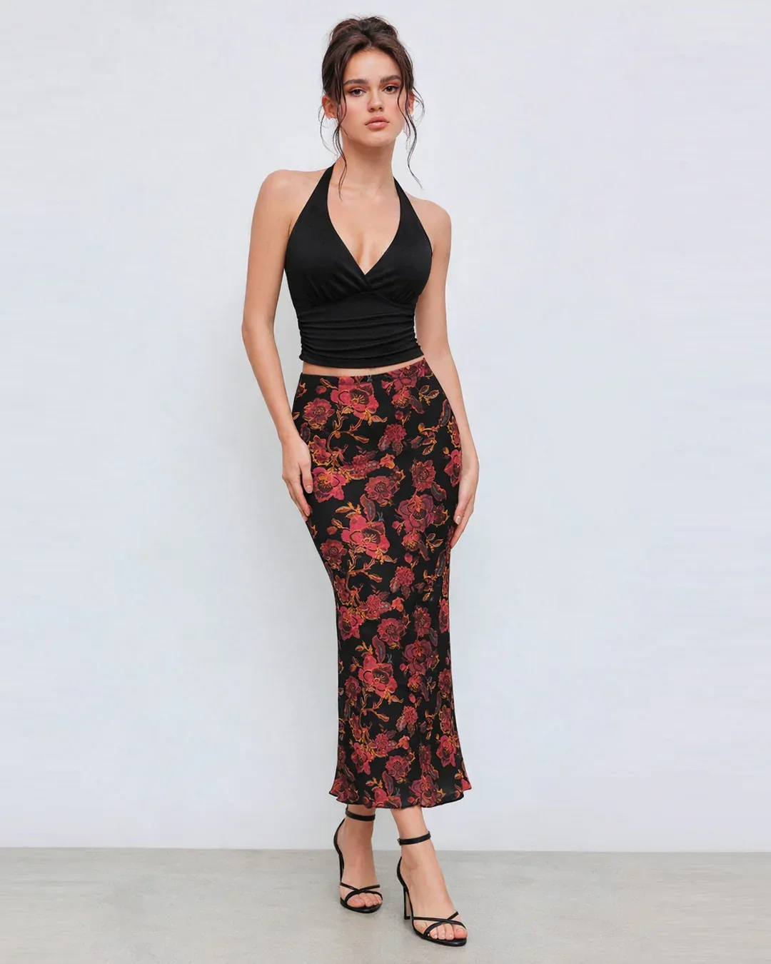 Halter Neck Slim Fit Flounce Hem Top and Floral Print Sleeveless Maxi Skirt - Image 2