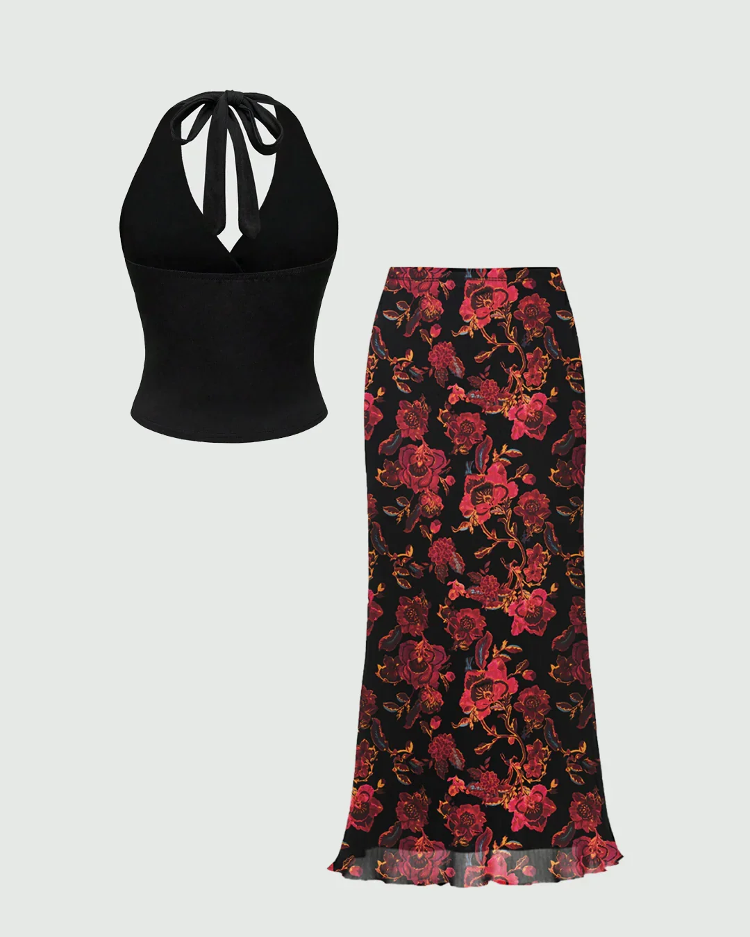 Halter Neck Slim Fit Flounce Hem Top and Floral Print Sleeveless Maxi Skirt - Image 3