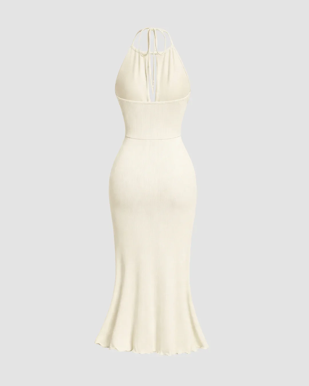 Halter Neck Slim Fit Solid Front Tie Backless Maxi Dress in Milky White - Image 2