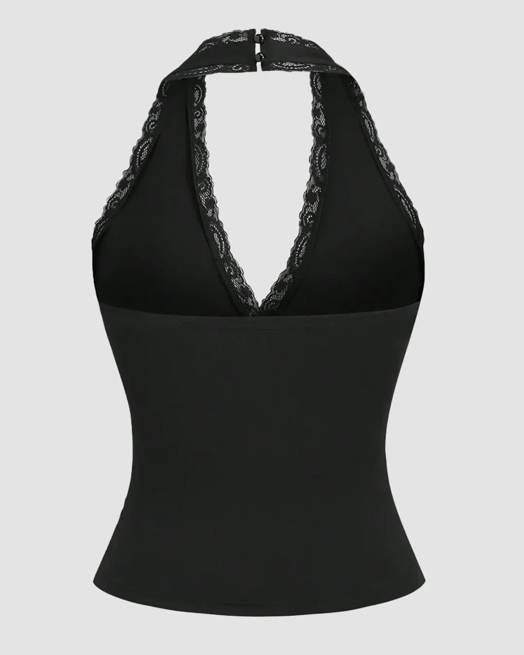 Halter Neck Slim Fit Straight Hem Contrast Lace Backless Sleeveless Top in Black - Image 2