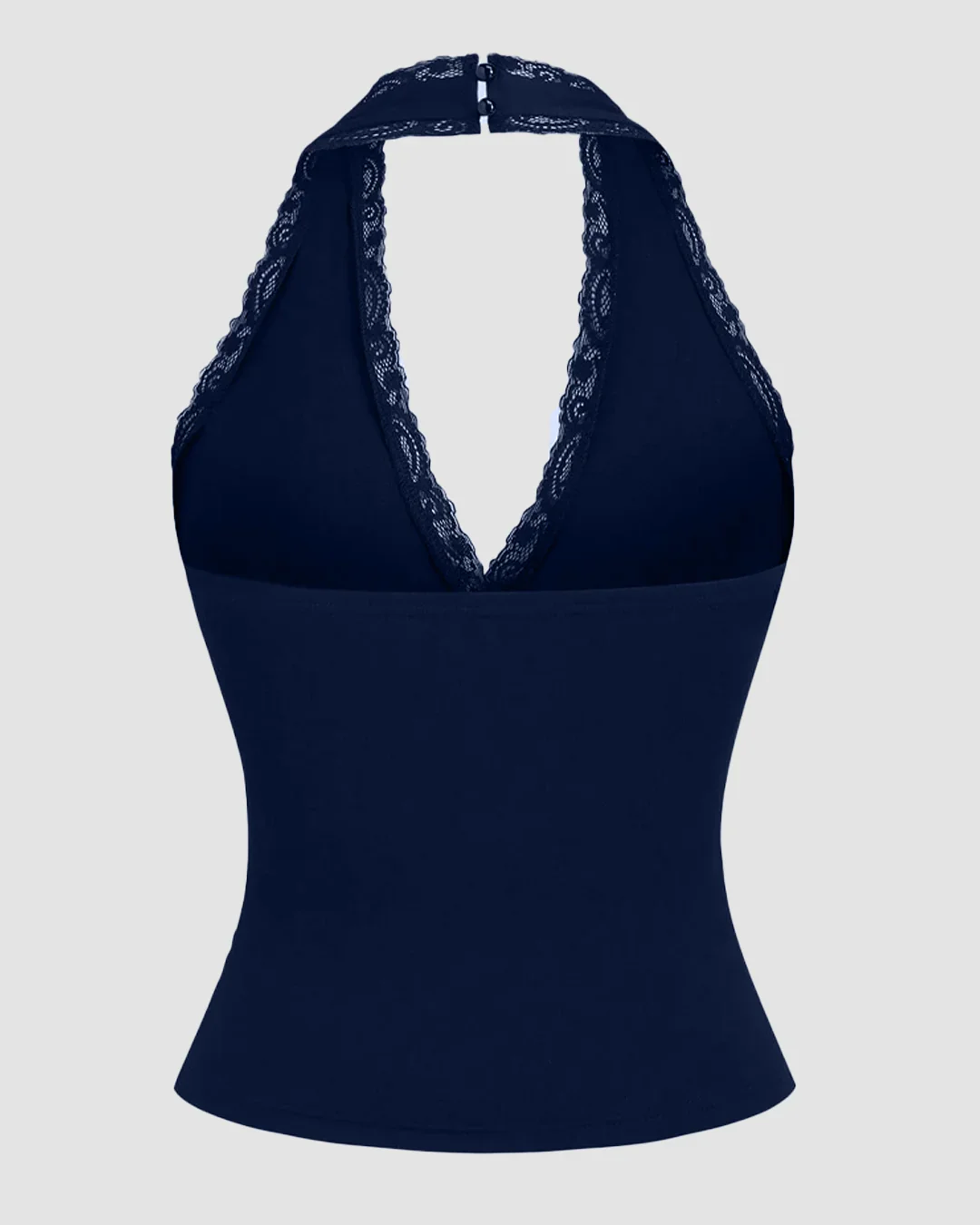 Halter Neck Slim Fit Straight Hem Contrast Lace Backless Sleeveless Top in Navy Blue - Image 2
