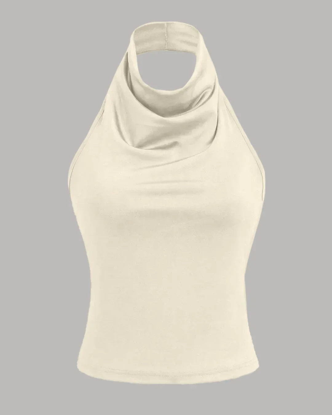 Halter Neck Slim-Fit Straight Hem Solid Sleeveless Crop Top in Beige