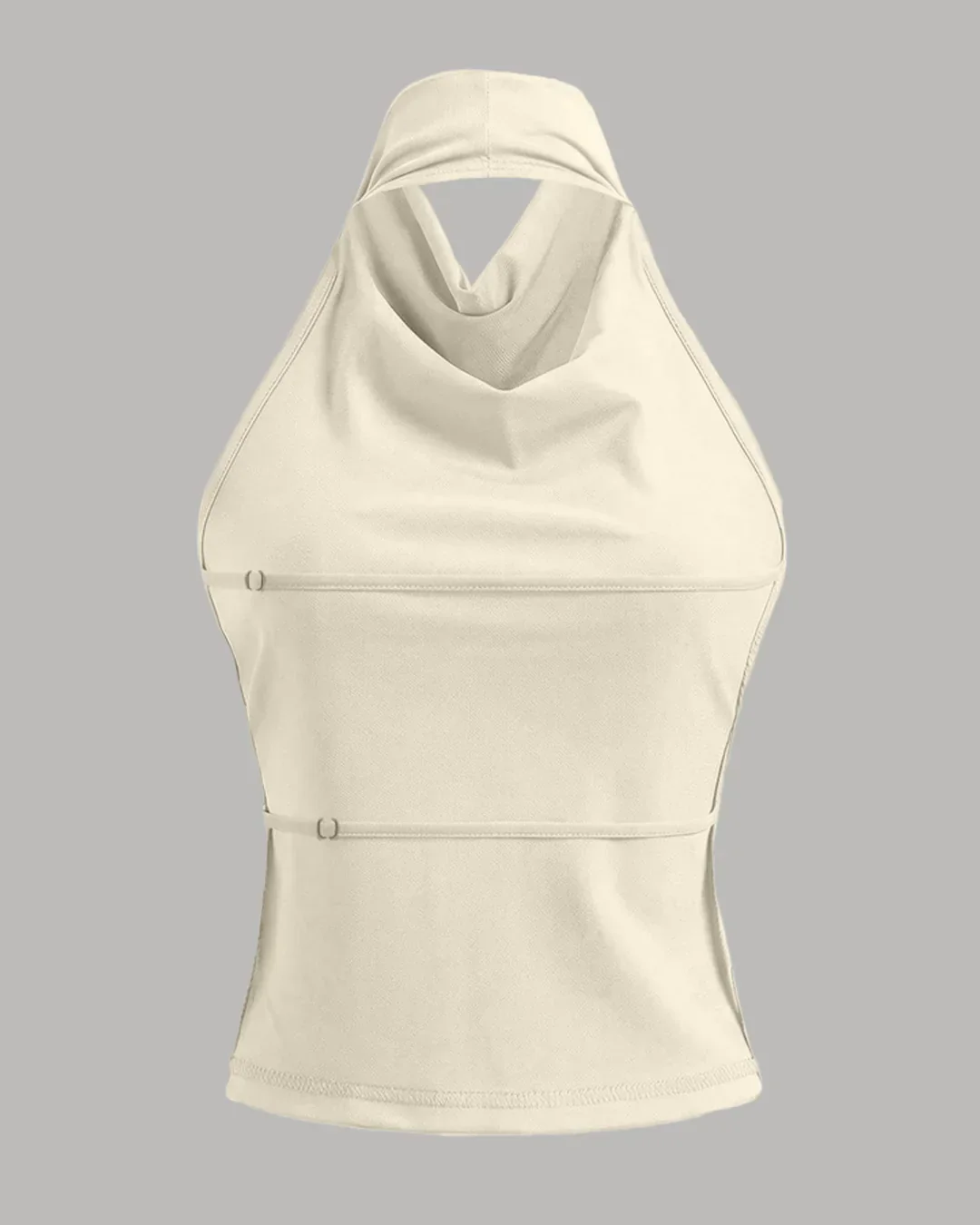 Halter Neck Slim-Fit Straight Hem Solid Sleeveless Crop Top in Beige - Image 2