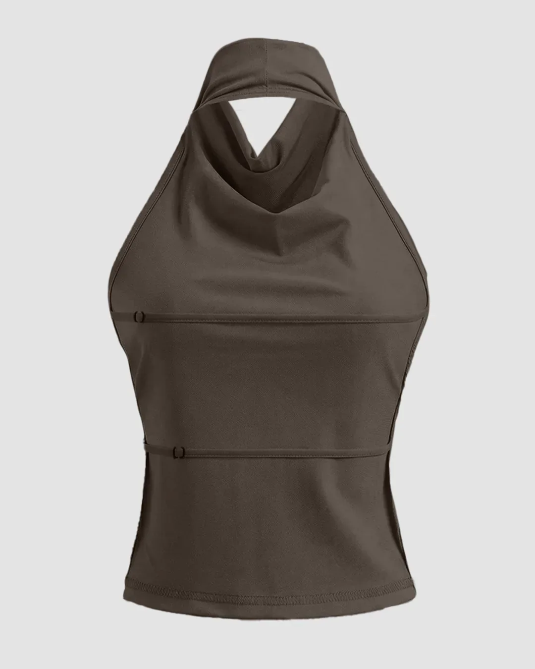 Halter Neck Slim-Fit Straight Hem Solid Sleeveless Crop Top in Brown - Image 2