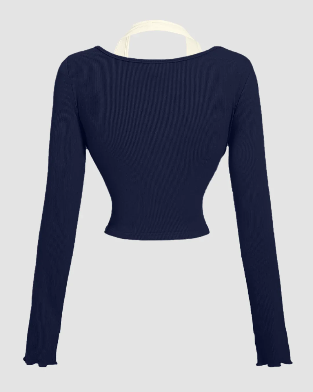 Halter Neck Straight Hem Full Sleeve 2-In-1 Crop Top in Navy Blue - Image 2