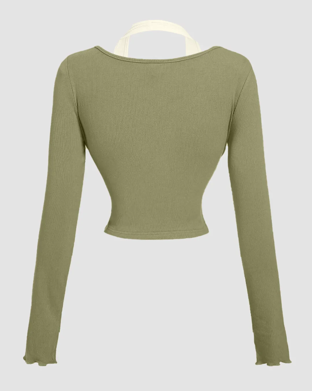 Halter Neck Straight Hem Full Sleeve 2-In-1 Crop Top in Sage - Image 2