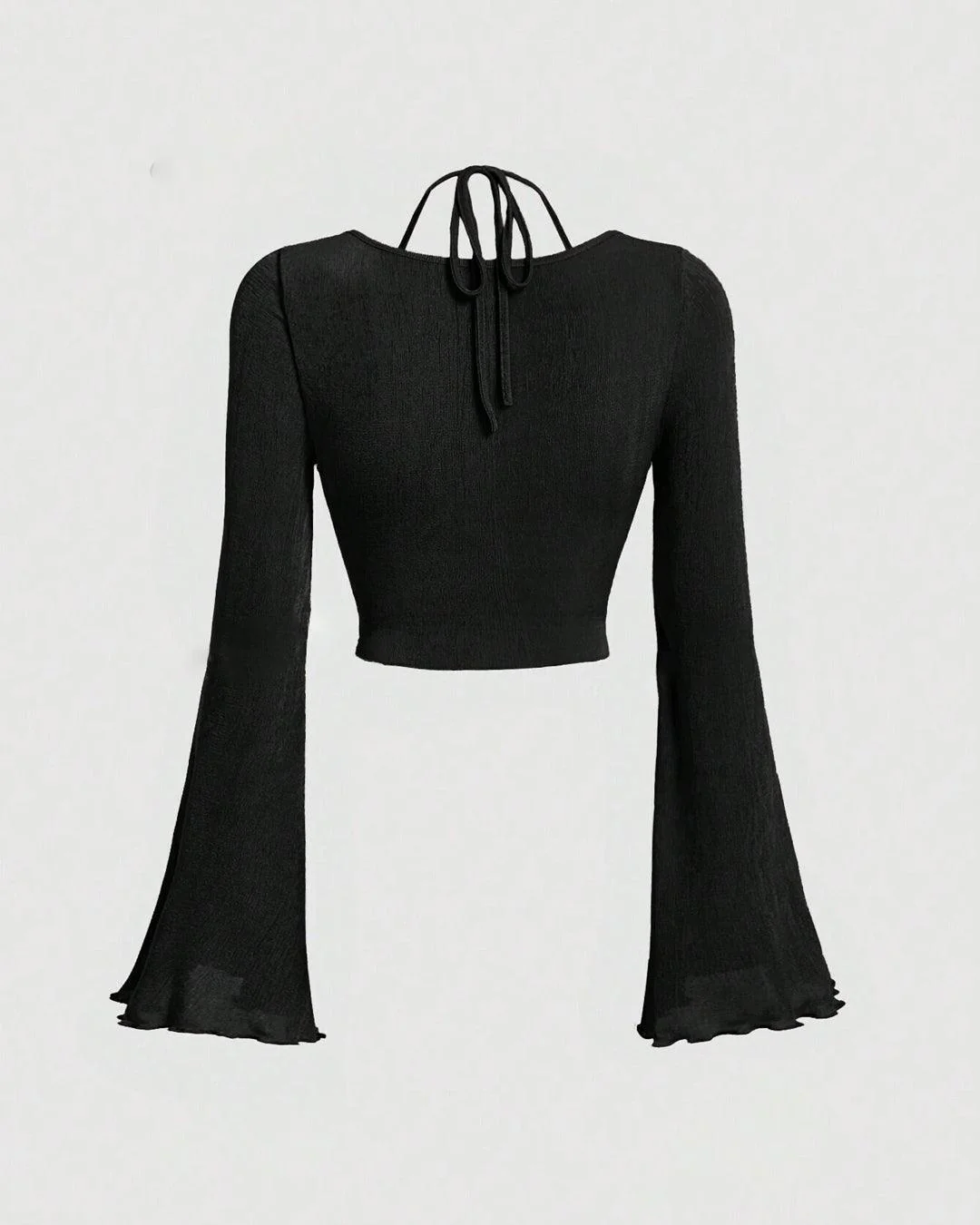 Halter Neck Tie Back Ruched Bell Sleeve Black Cropped Top - Image 2