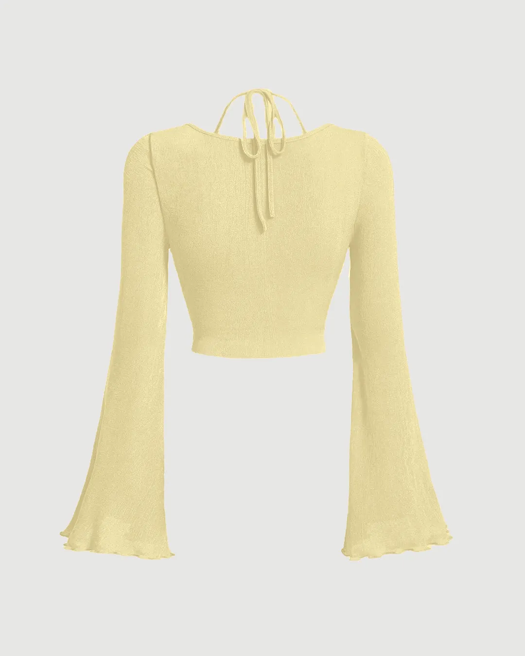 Halter Neck Tie Back Ruched Bell Sleeve Cropped Top In GT Vanilla - Image 3