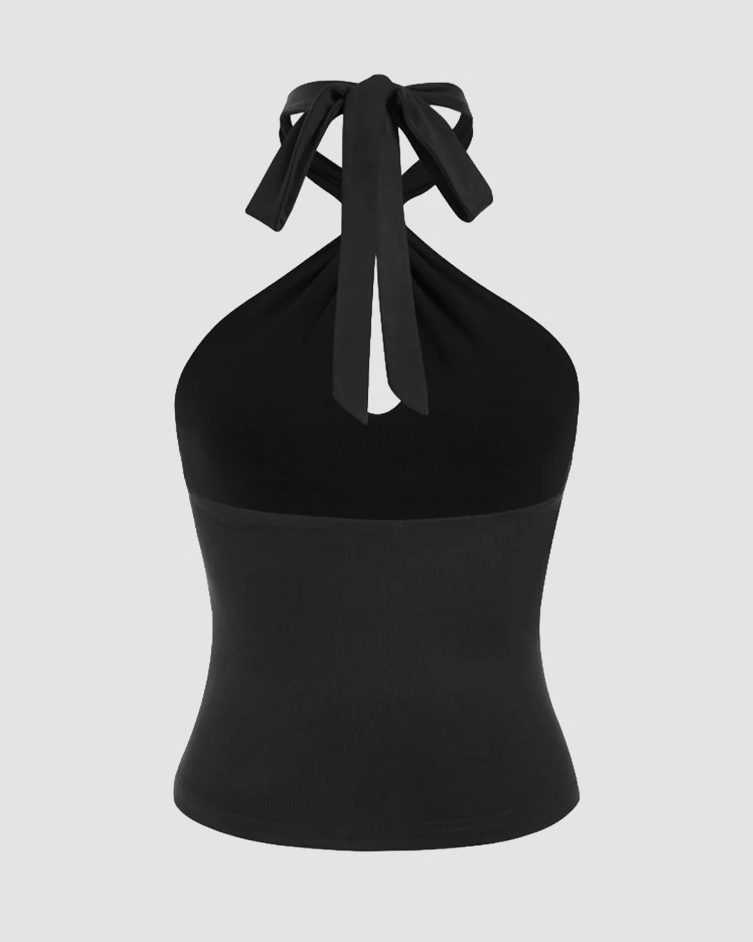 Halter Neck Tie Front Metal Detail Slim Top in Black - Image 3