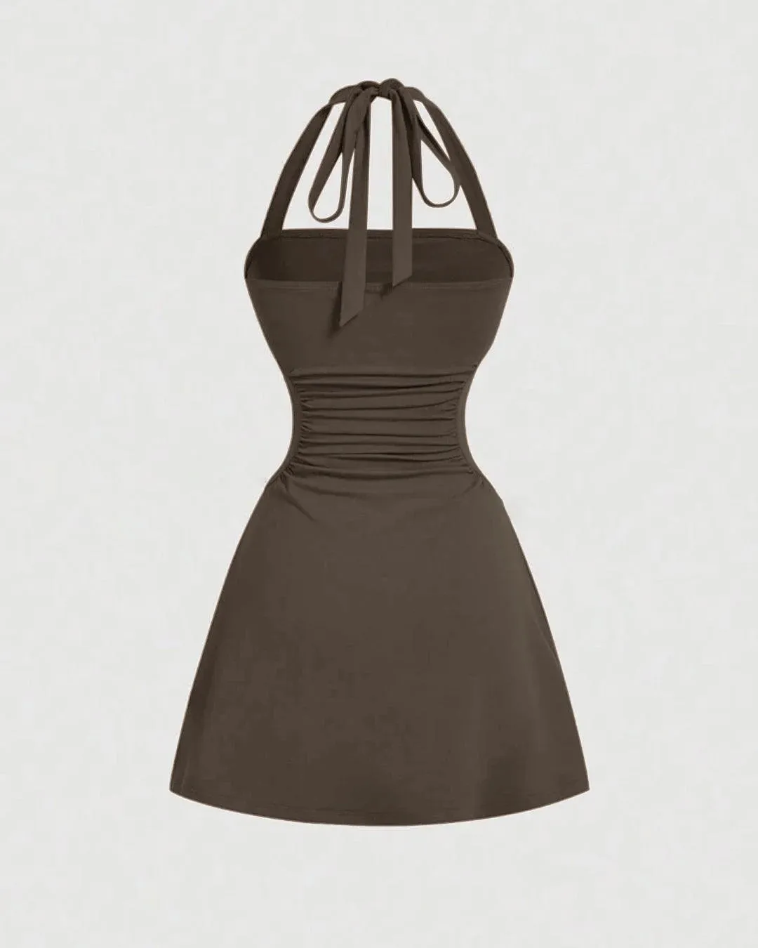 Halter Neck & Waist Tie A-Line Mini Dress In Brown - Image 2