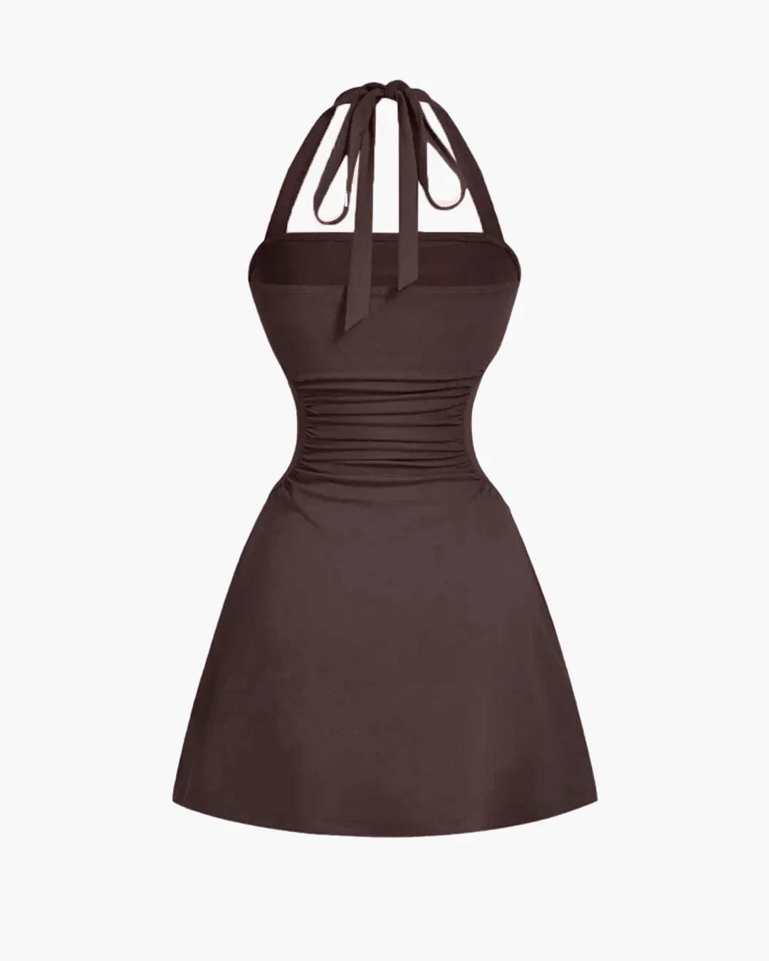 Halter Neck & Waist Tie A-Line Mini Dress In Chocolate - Image 2