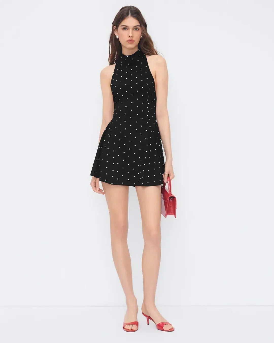 Halter Neck Backless Polka Dot Mini Dress in Black - Image 3