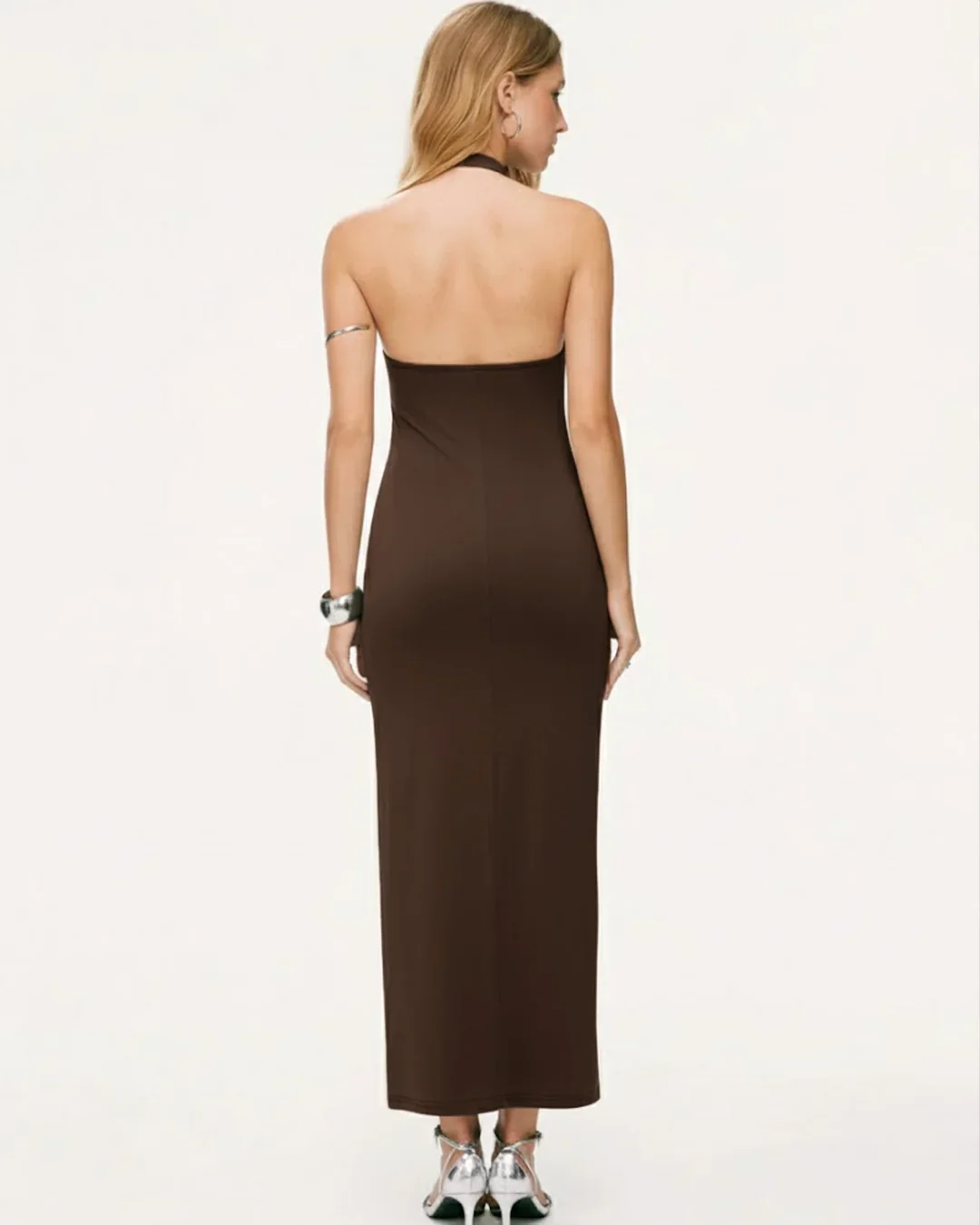 Halter Neckline Rivet Split Ruched Straight Maxi Dress in Chocolate - Image 2