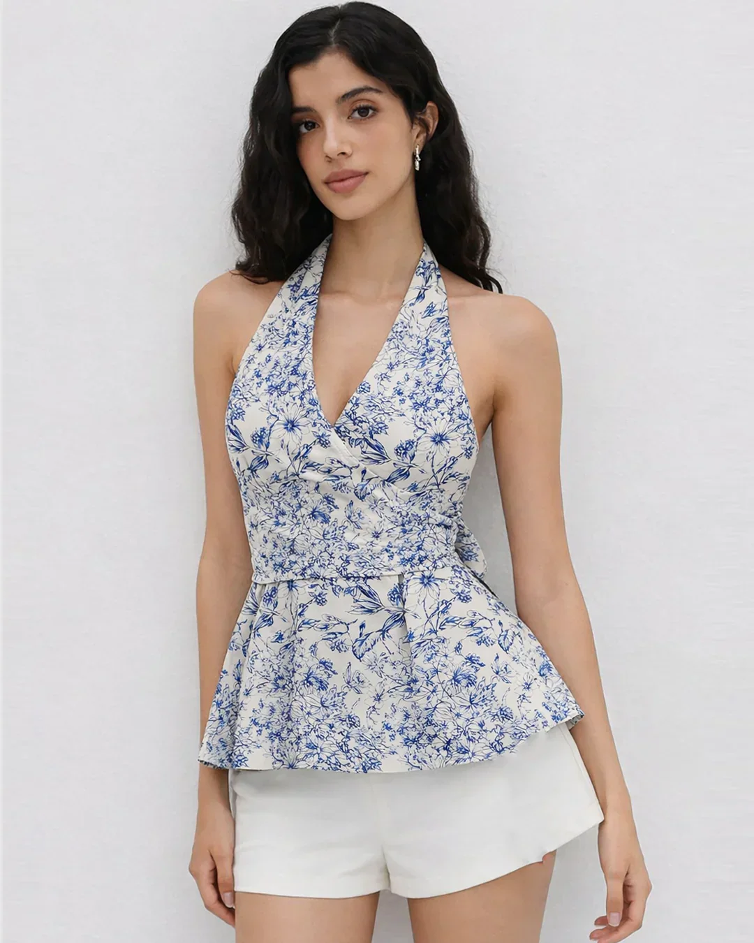 Halter Neckline Stripe Bowknot Ruffle Hem Floral Top - Image 2