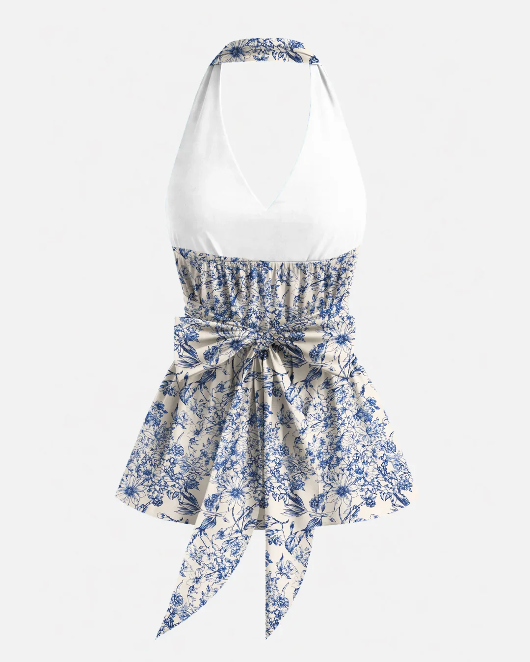 Halter Neckline Stripe Bowknot Ruffle Hem Floral Top - Image 3