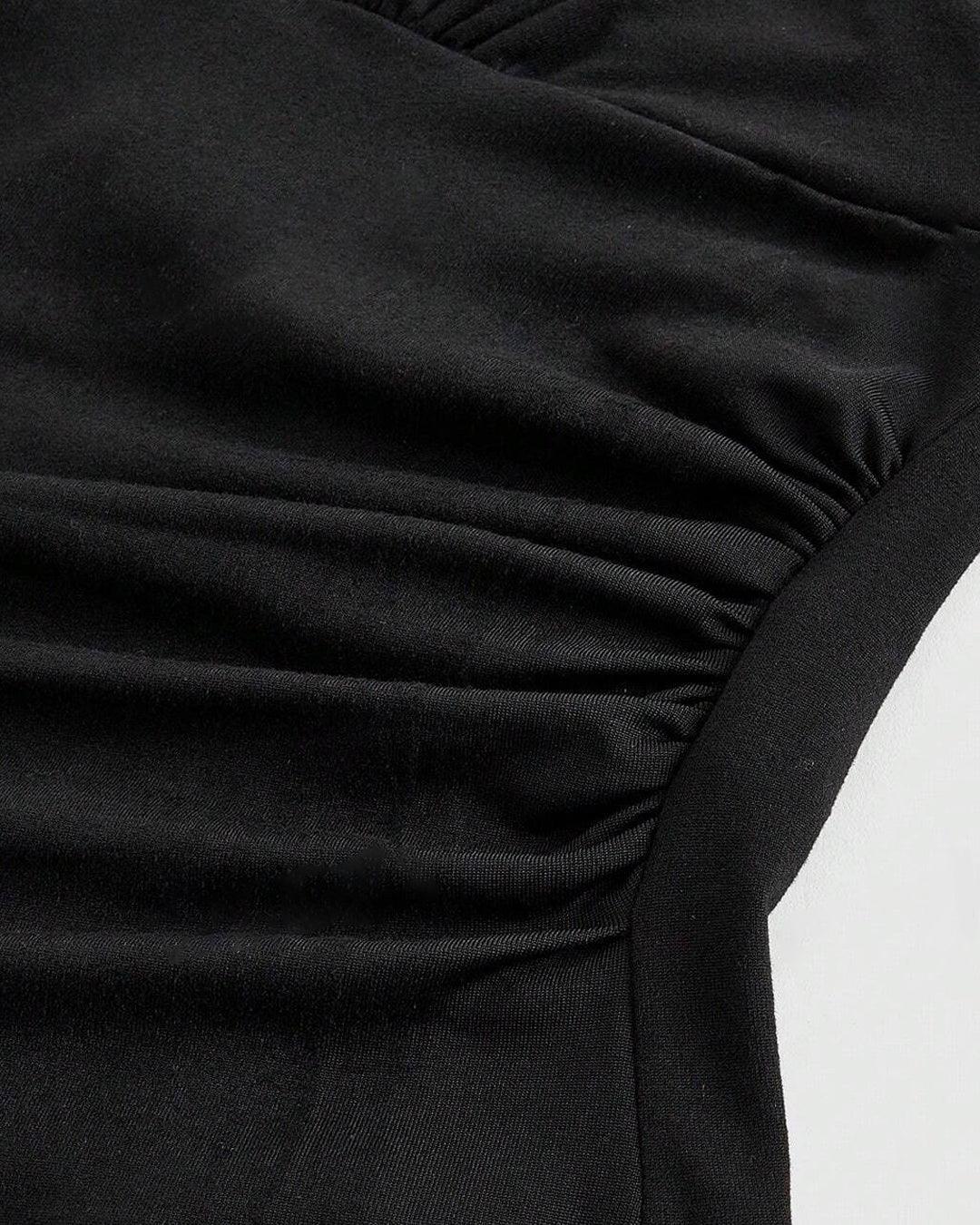 Halter Tie Waist Ruched Fitted Chic Glamour Black Tank Top - Image 4