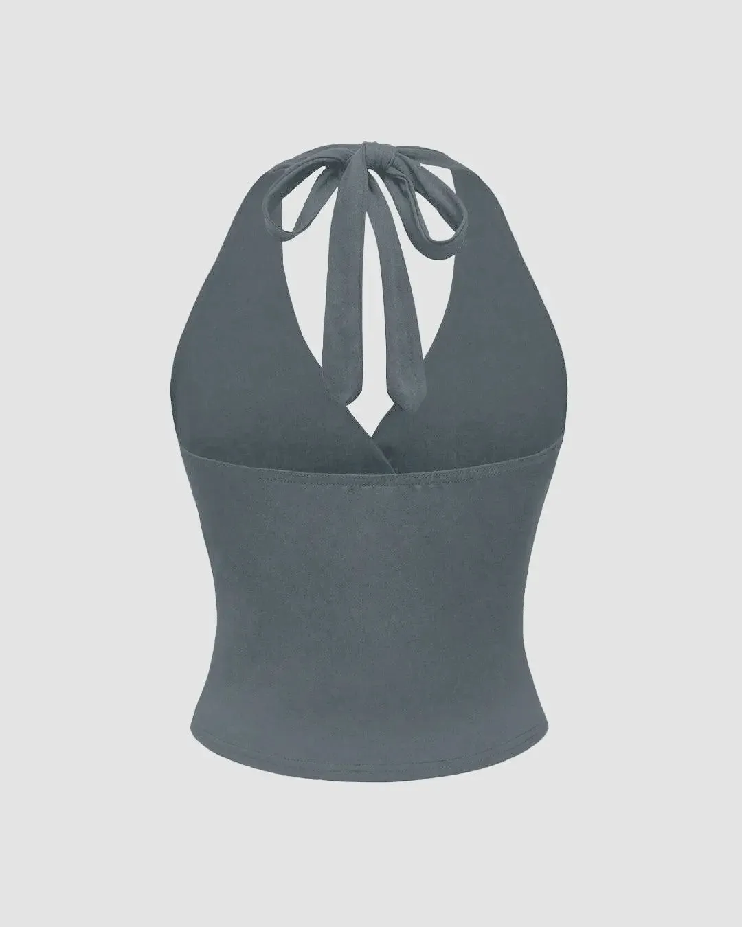Halter Tie Waist Ruched Fitted Chic Glamour Grey Tank Top - Image 2
