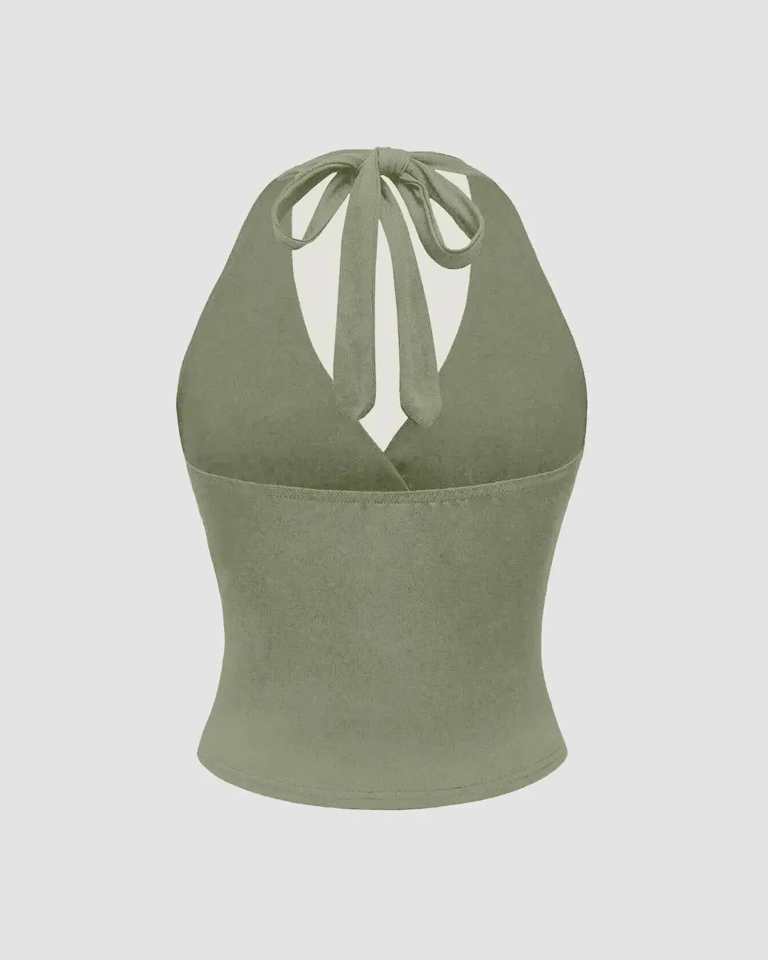 Halter Tie Waist Ruched Fitted Chic Glamour Herbal Green Tank Top - Image 2