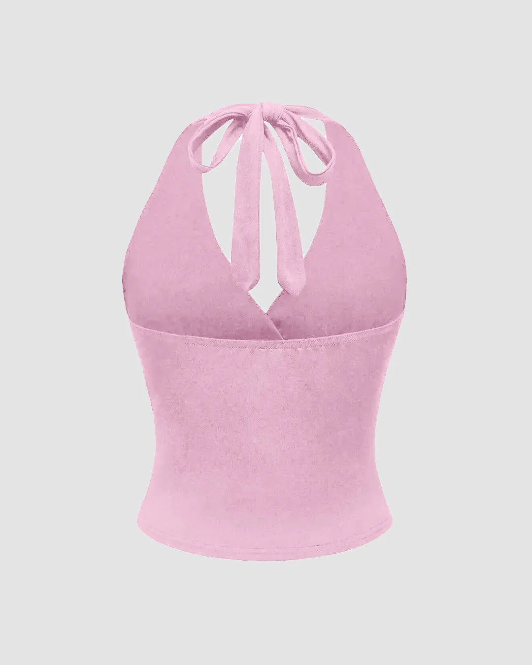 Halter Tie Waist Ruched Fitted Chic Glamour Prism Pink Tank Top - Image 2