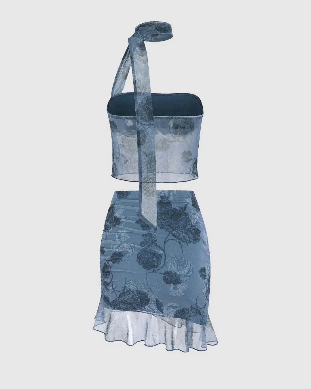 Halter Tube Top & High Waist Floral Knotted Mini Skirt In Blue - Image 2