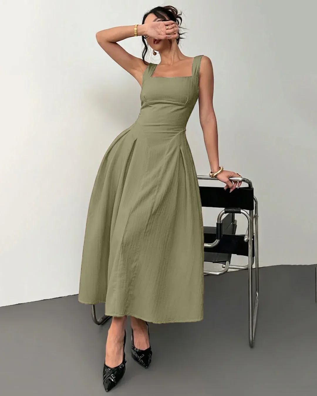 Herbal Square Neck Sleeveless A-Line Midi Dress