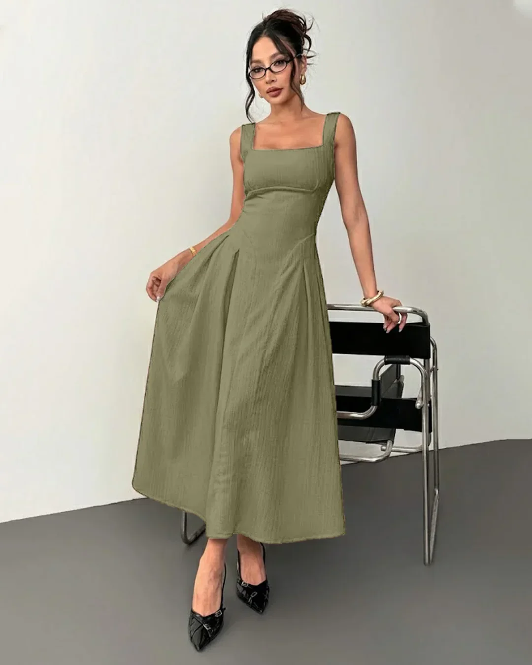 Herbal Square Neck Sleeveless A-Line Midi Dress - Image 2