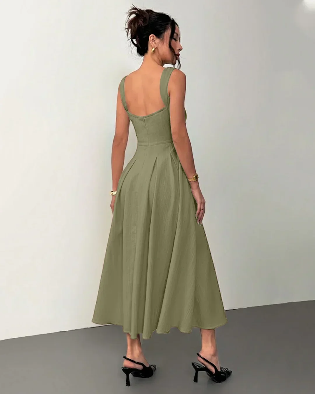 Herbal Square Neck Sleeveless A-Line Midi Dress - Image 3