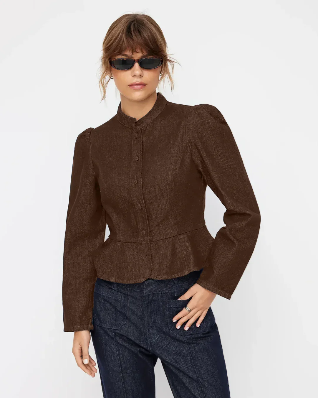 High Neck Button Down Denim Full Sleeve Top in Chocolate Fondae - Image 3