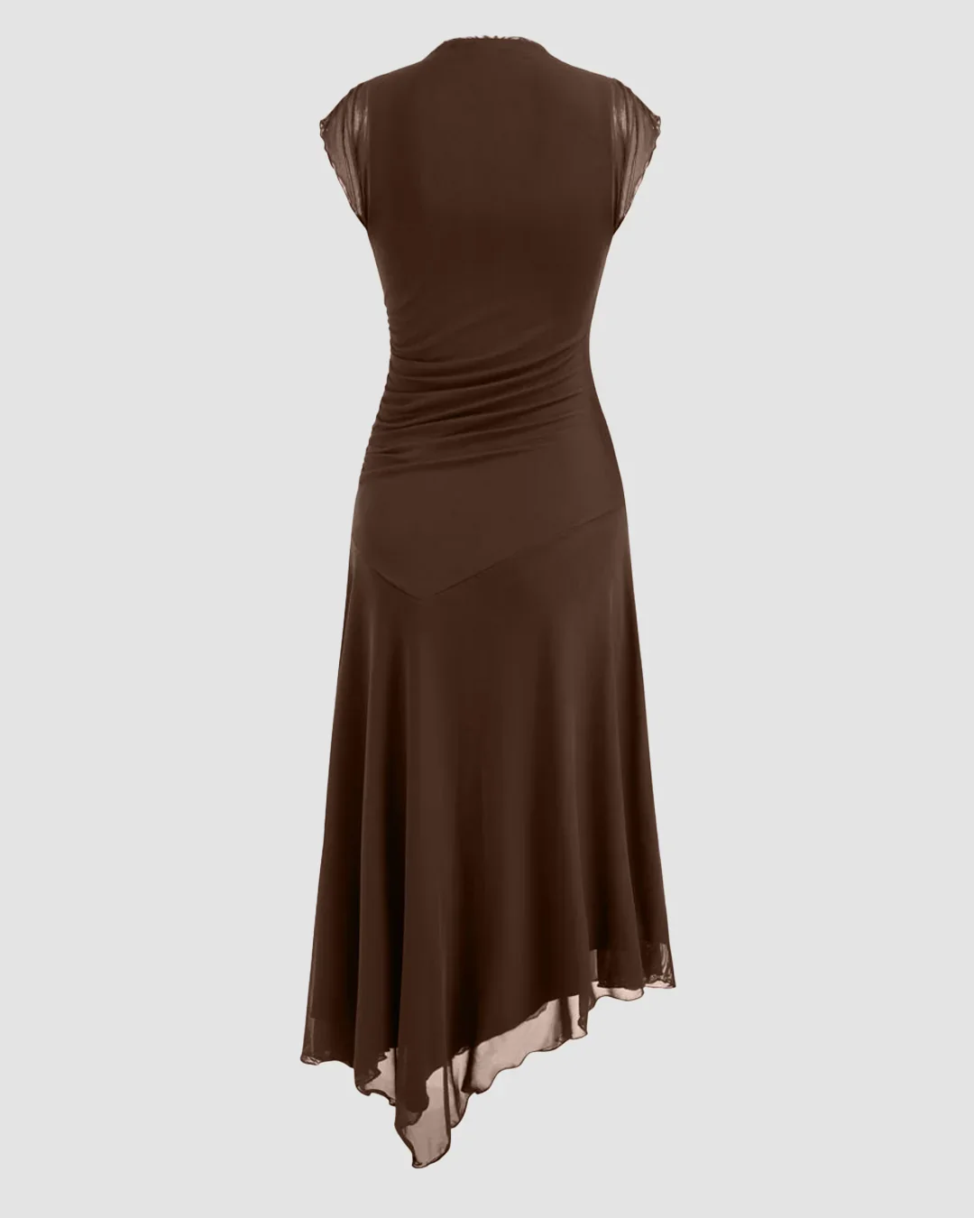 High Neck Ruched Asymmetrical Hem Sleeveless Midi Dress In Brown - Image 2