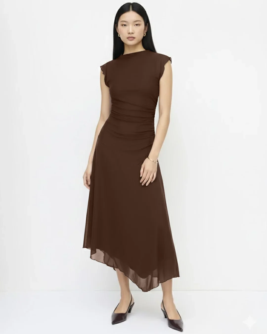 High Neck Ruched Asymmetrical Hem Sleeveless Midi Dress In Brown - Image 3