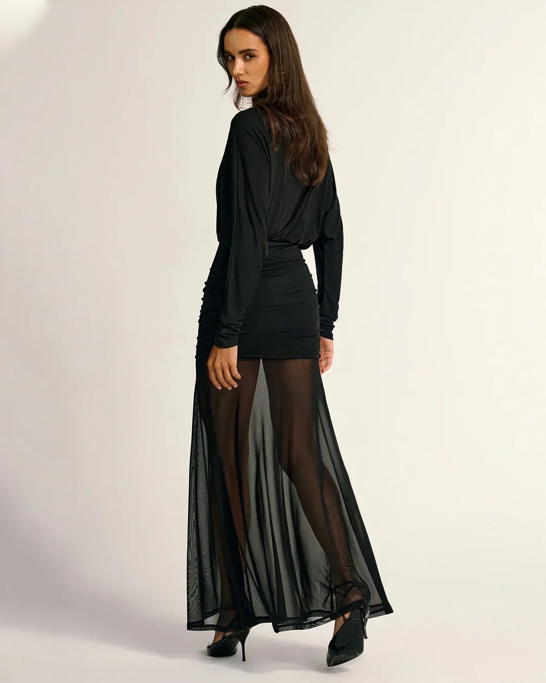 Ruched Black Full Sleeve Maxi Dress - Image 3