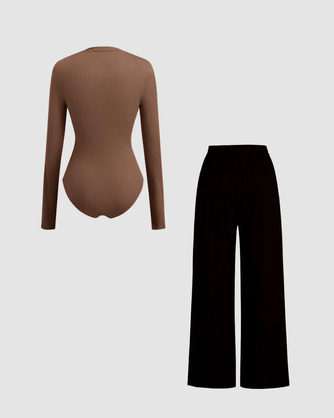 High Neck Ruched Long Sleeve Brown Top & Mid Rise Wide Leg Black Trousers Set - Image 2