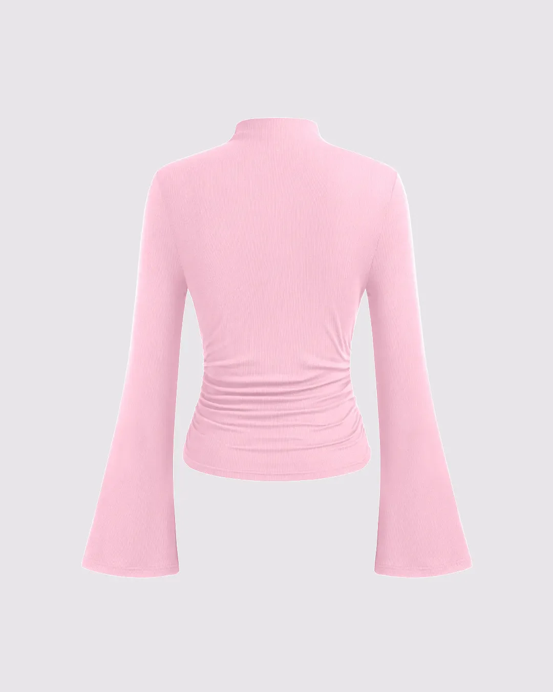 High Neck Ruched Long Sleeve Top In Pink - Image 2