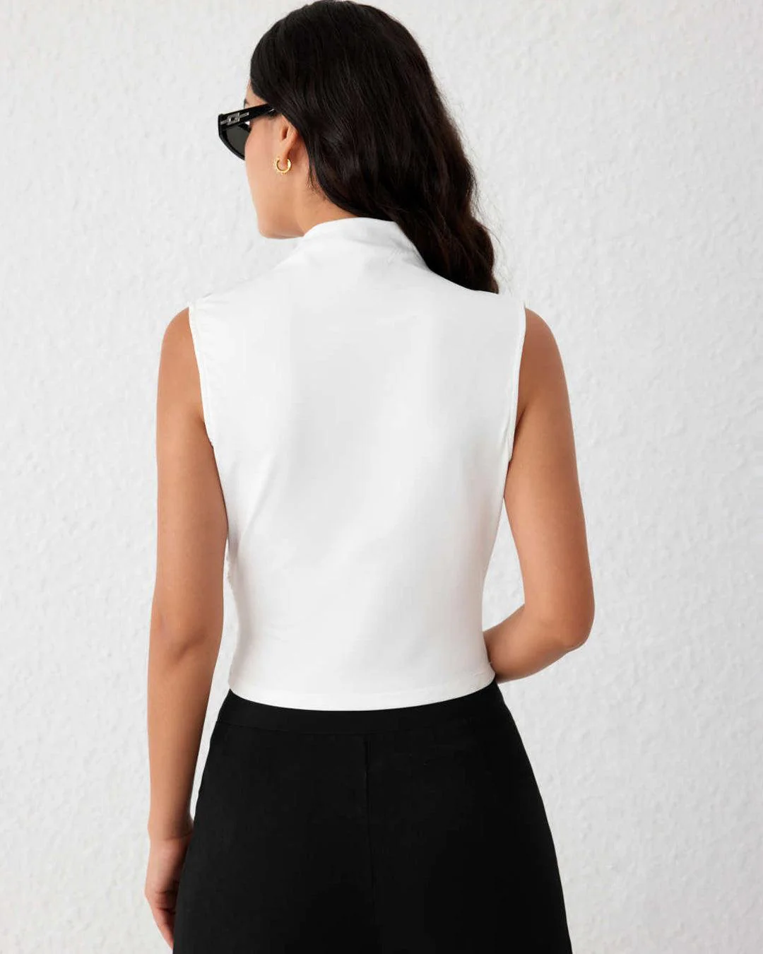 High Neck Ruched Sleeveless White Crop Top - Image 4
