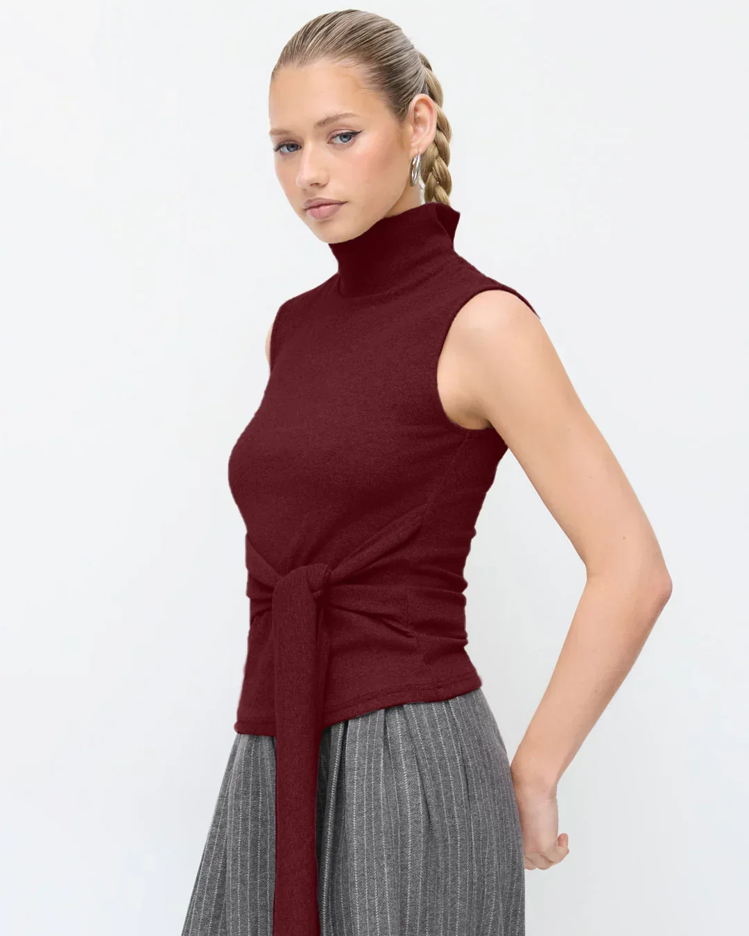High Neck Sleeveless Knotted Top in Burgundy - Image 3