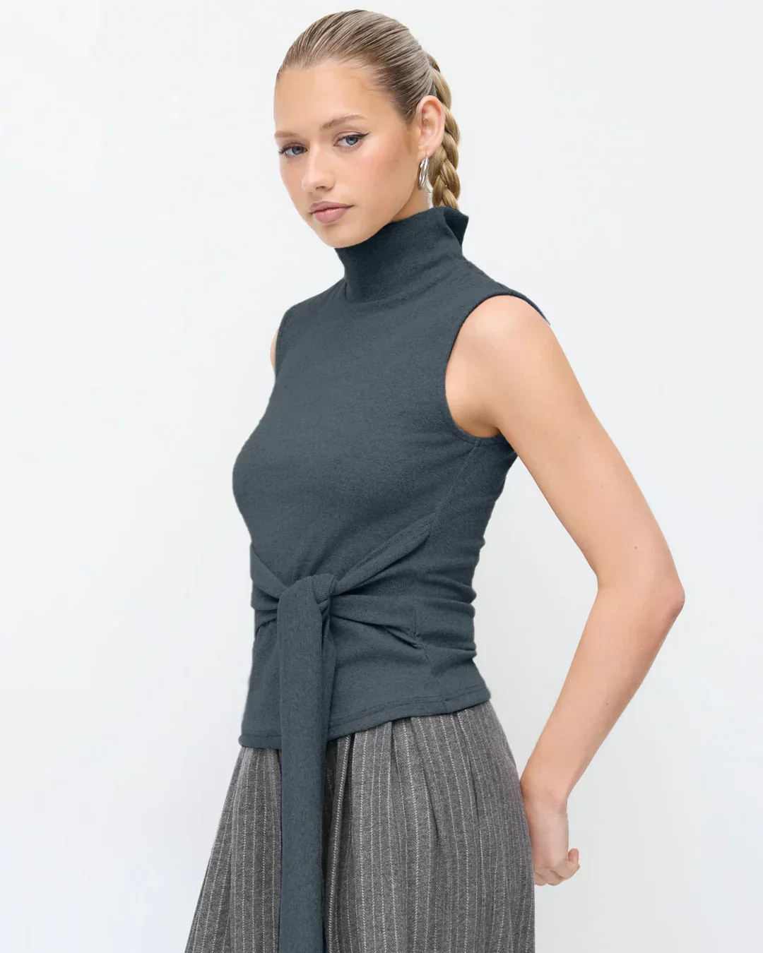 High Neck Sleeveless Knotted Top in Grey - Image 3