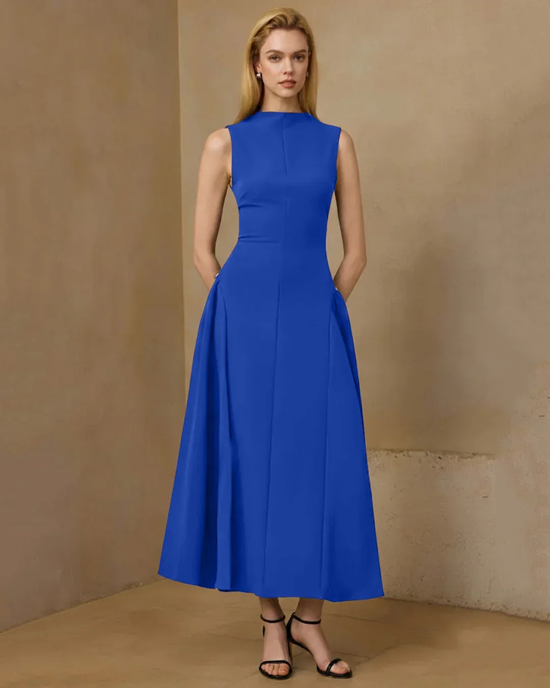 High Neck Sleeveless Straight Fit Midi Dress Solid in Blue - Image 3