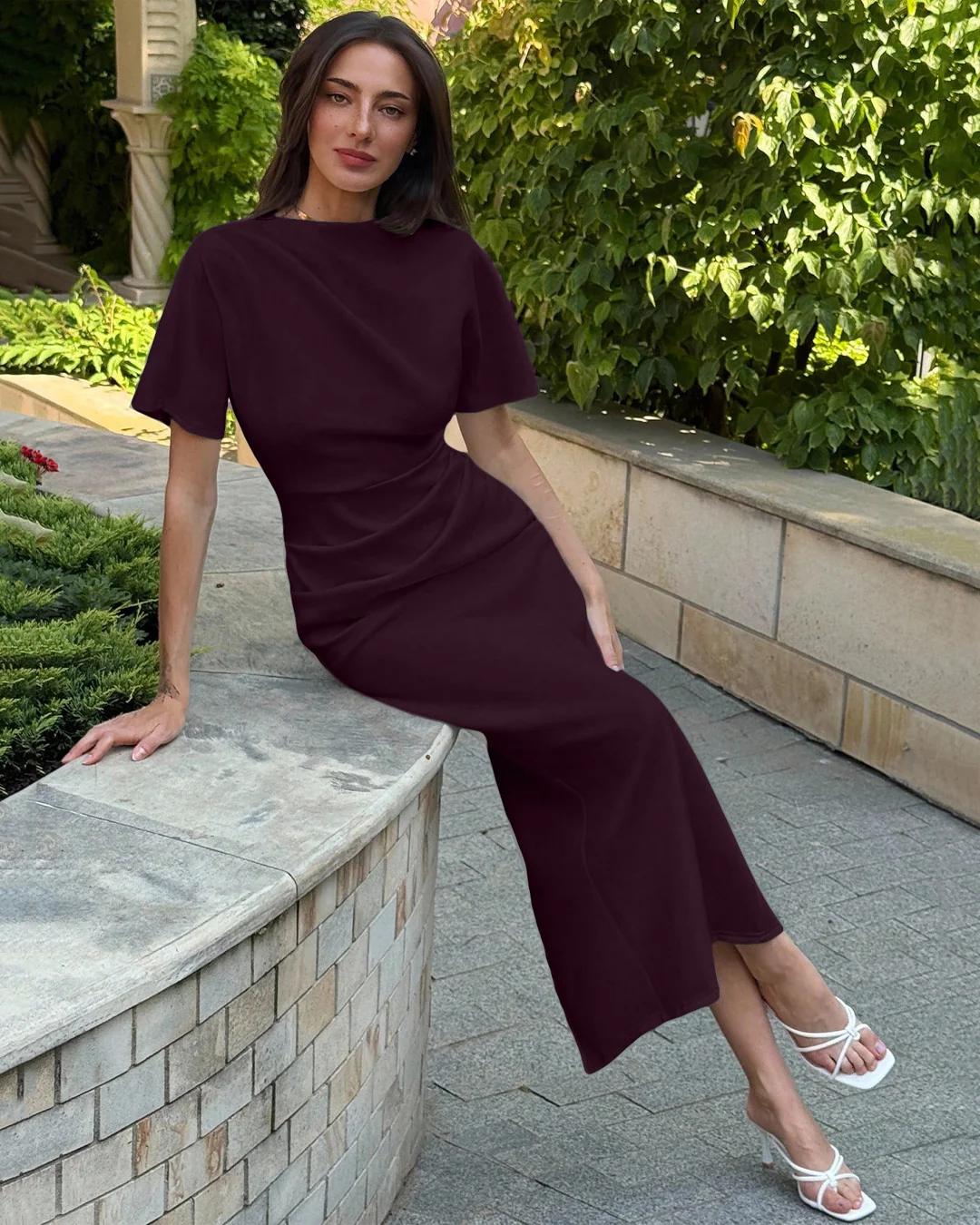 High Neck Slim Fit Solid Short Sleeve Midi Dress in Purple - Image 3