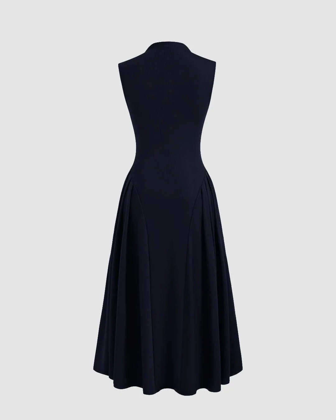 High Neck Solid Ruffle Midi Dress In Navy Blue - Image 2
