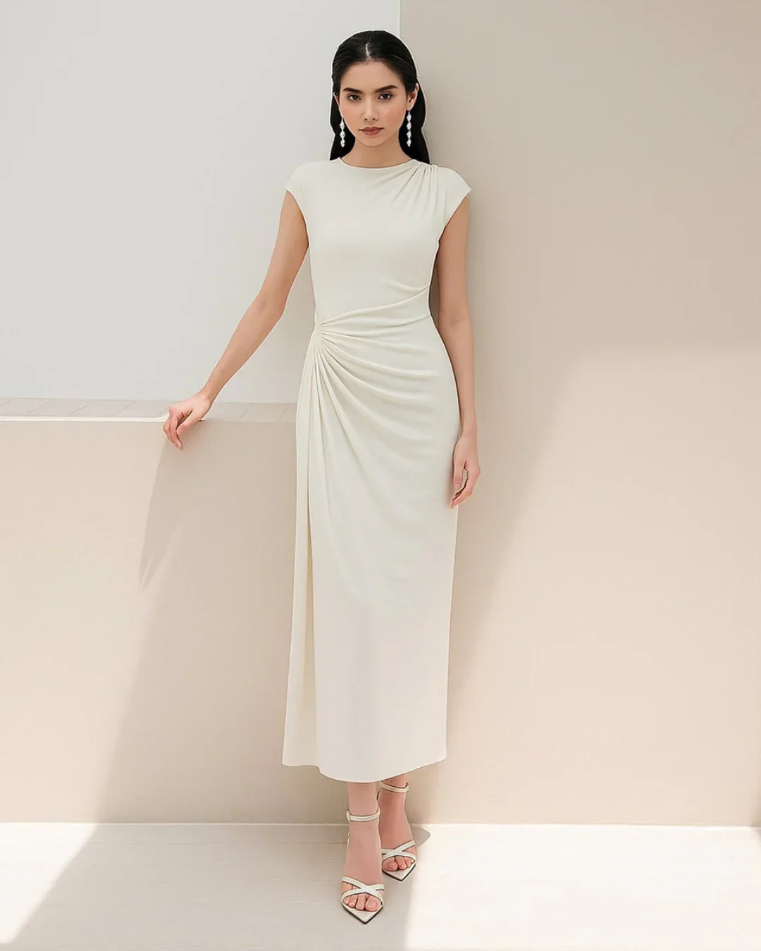 High Neck Draped Waist Maxi Dress in Milky White - Image 2