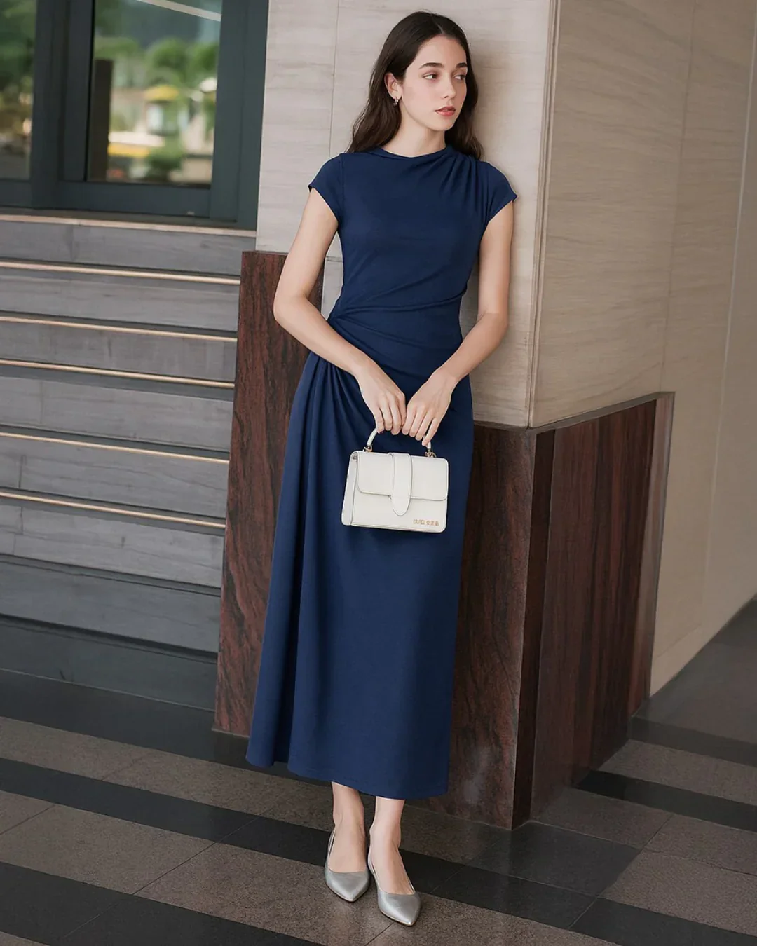 Asymmetrical Neck Ruched Fit Navy Blue Maxi Dress - Image 2